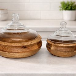 סט 2 קערות הגשה עם מכסה זכוכית – עץ טבעי ABS