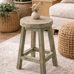 שרפרף עץ מלא בעבודת וינטג' מגולפת EAT