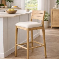 כיסא בר מעץ טיק מלא עם ריפוד בד – גימור טבעי EAT