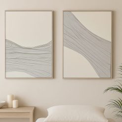 סט תמונות קיר אמנות טקסטיל מודרנית בגווני שמנת ואפור רך DDA