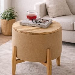 שולחן צד עגול עם אחסון – עץ מלא ובד טבעי EAT