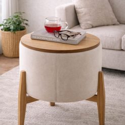 שולחן צד עגול עם אחסון – עץ מלא ובד בגוון טבעי EAT