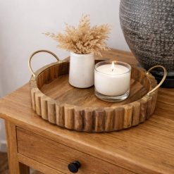 סט מגשים עגולים מעץ עם ידיות מתכת ABS