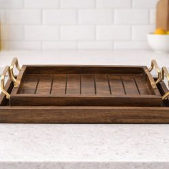 סט מגשים מלבניים מעץ מנגו עם ידיות מתכת ABS