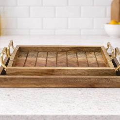 סט מגשים מלבניים מעץ עם ידיות מתכת ABS