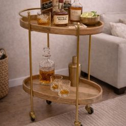 עגלת תה עץ מנגו ומתכת – דו־קומתית עם גלגלים ABS