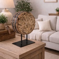 דקור שולחני עגול מעץ ממוחזר על סטנד מתכת ABS