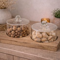 פעמון עוגה כפול על מגש – עץ וזכוכית ABS