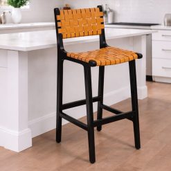 Jepara כסא בר עץ שחור משולב רצועות עור BRO