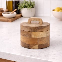 קופסת אחסון עגולה קטנה מעץ מנגו – טבעי ABS